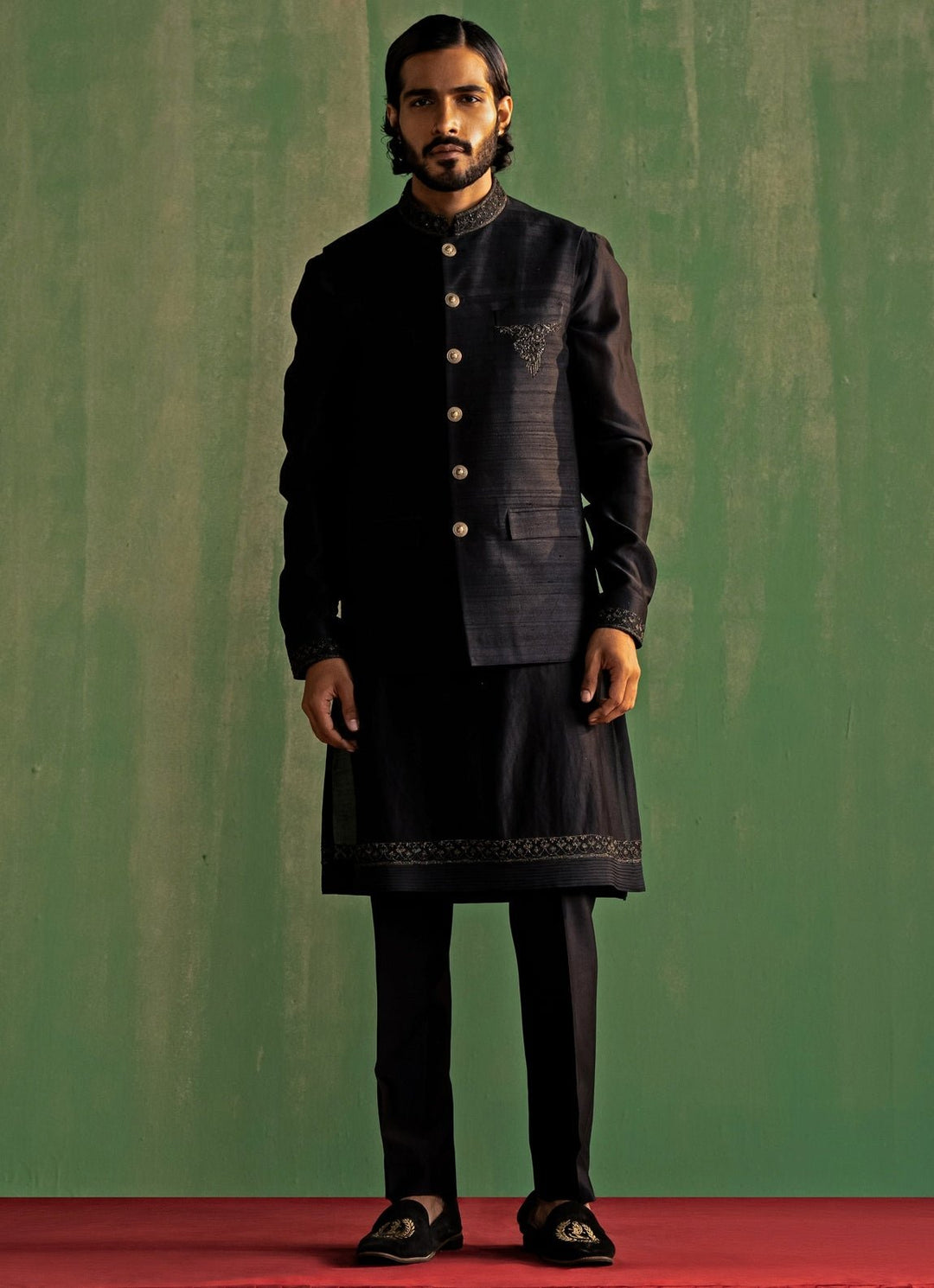Black Embroidered Kurta Bundi Set Studio Bagechaa - Men - Fabilicious Fashion
