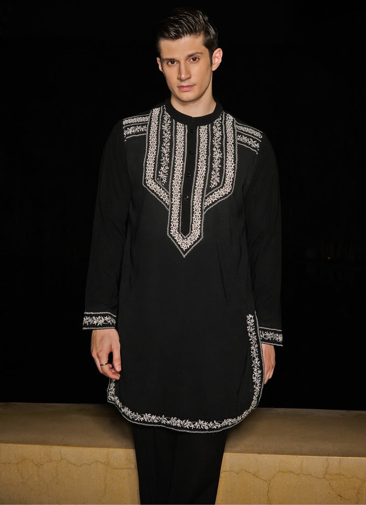 Black Embroidered Kurta Pant Set Contrast By Parth - Fabilicious Fashion