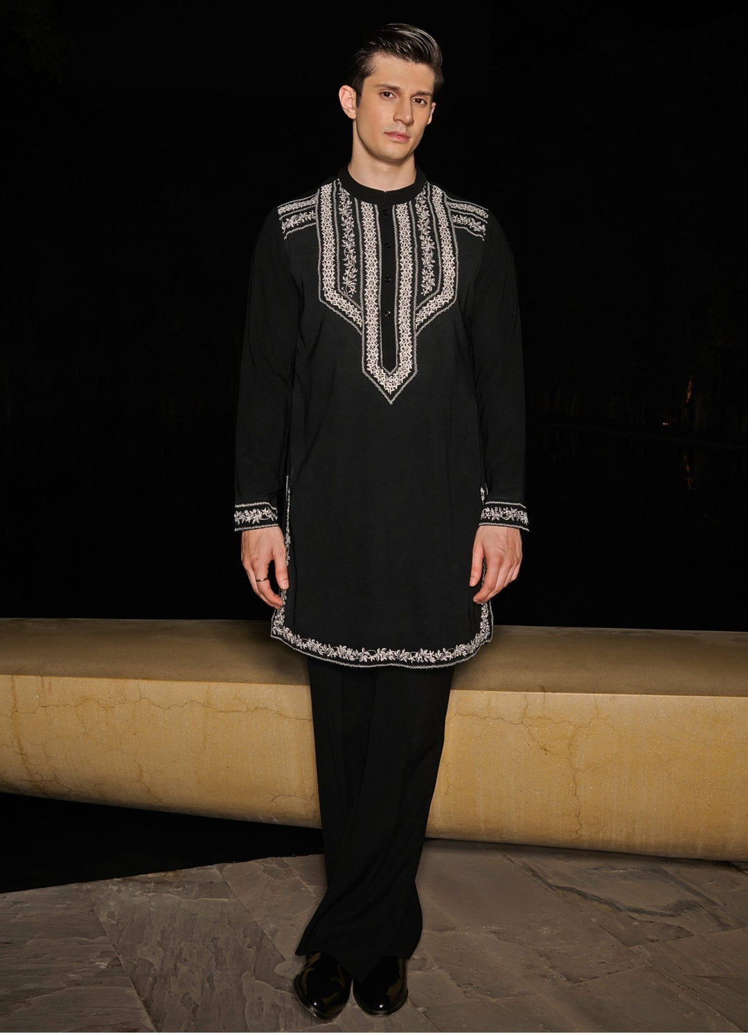 Black Embroidered Kurta Pant Set Contrast By Parth - Fabilicious Fashion
