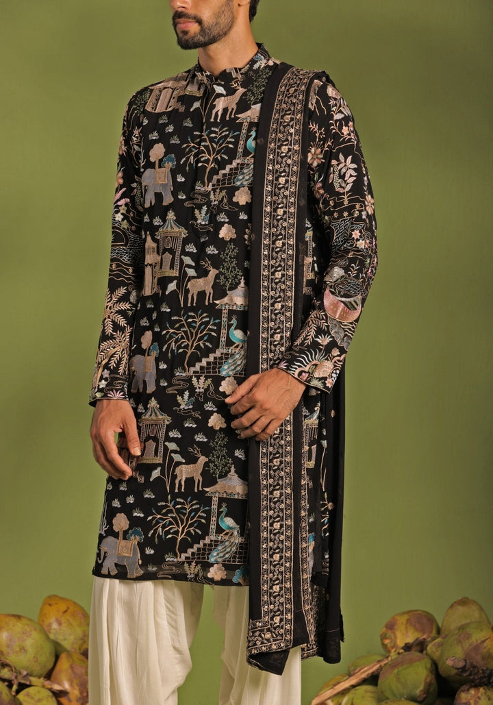 Black Embroidered Kurta Patiala Pant Set With Dupatta Kalpraag - Fabilicious Fashion