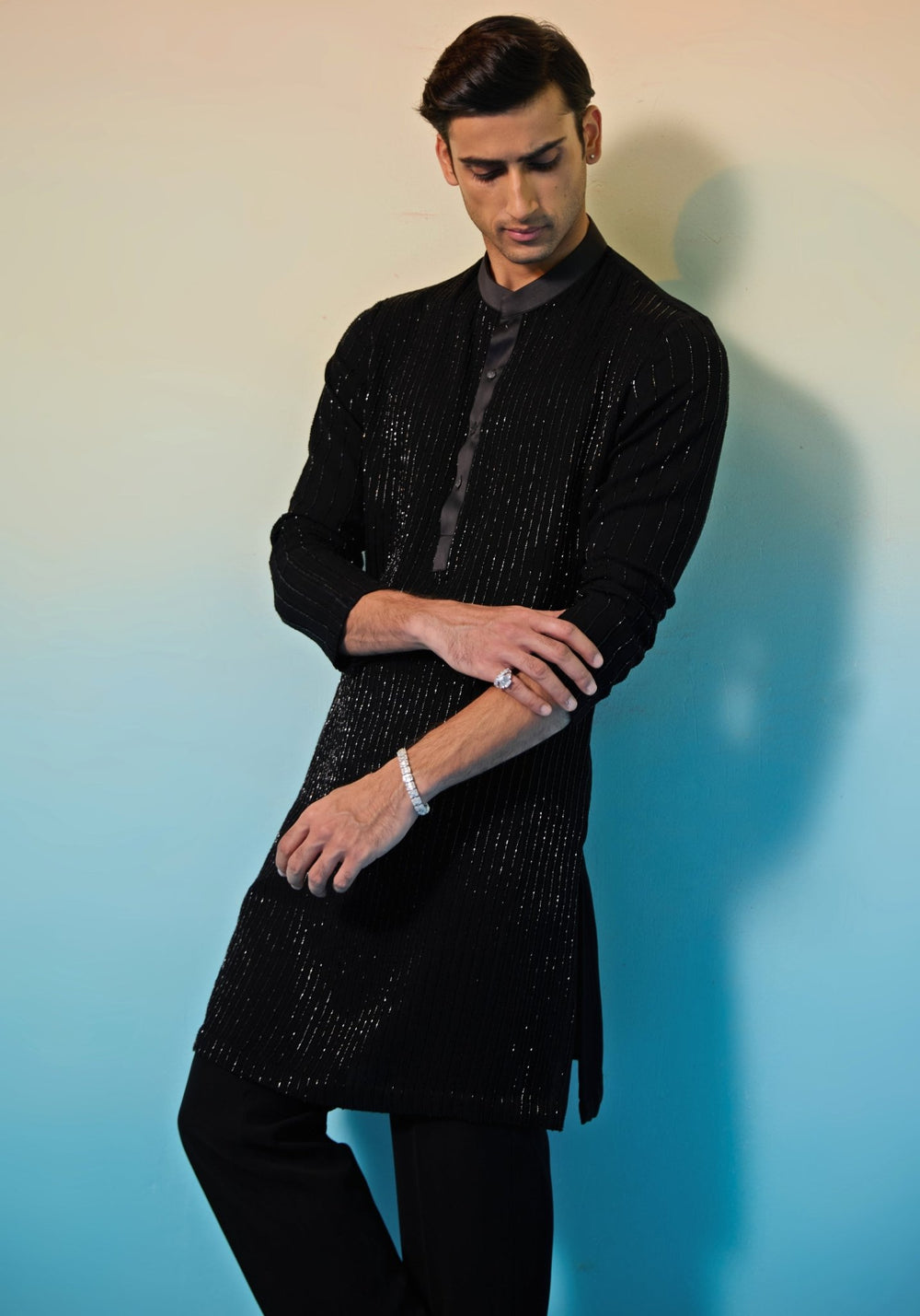 Black Embroidered Kurta Set Contrast by Parth - Fabilicious Fashion
