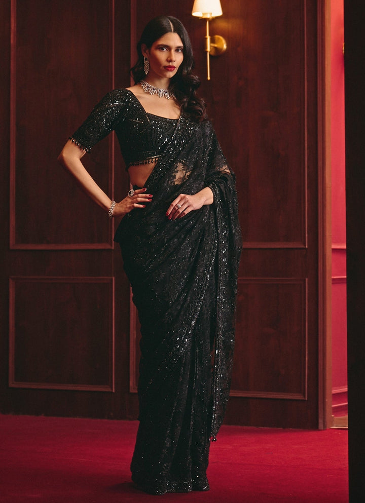 Angad Singh Black Embroidered Lace SareeFabilicious Fashion
