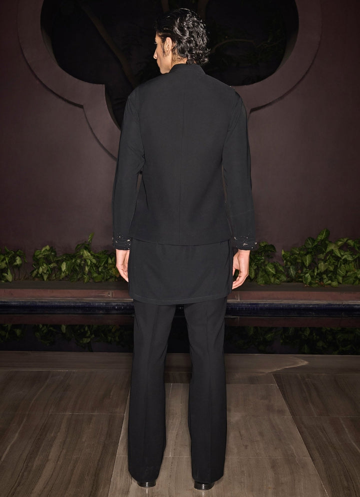 Black Embroidered Nehru Jacket Set With Crystal & Stonework Contrast By Parth - Fabilicious Fashion