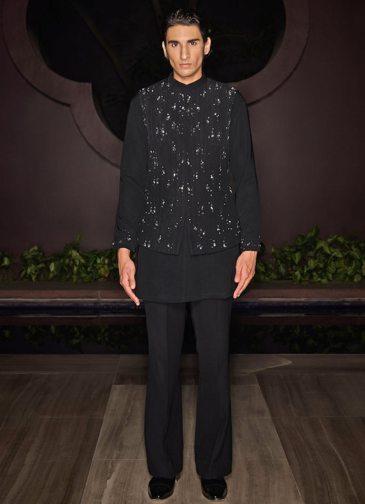 Black Embroidered Nehru Jacket Set With Crystal & Stonework Contrast By Parth - Fabilicious Fashion