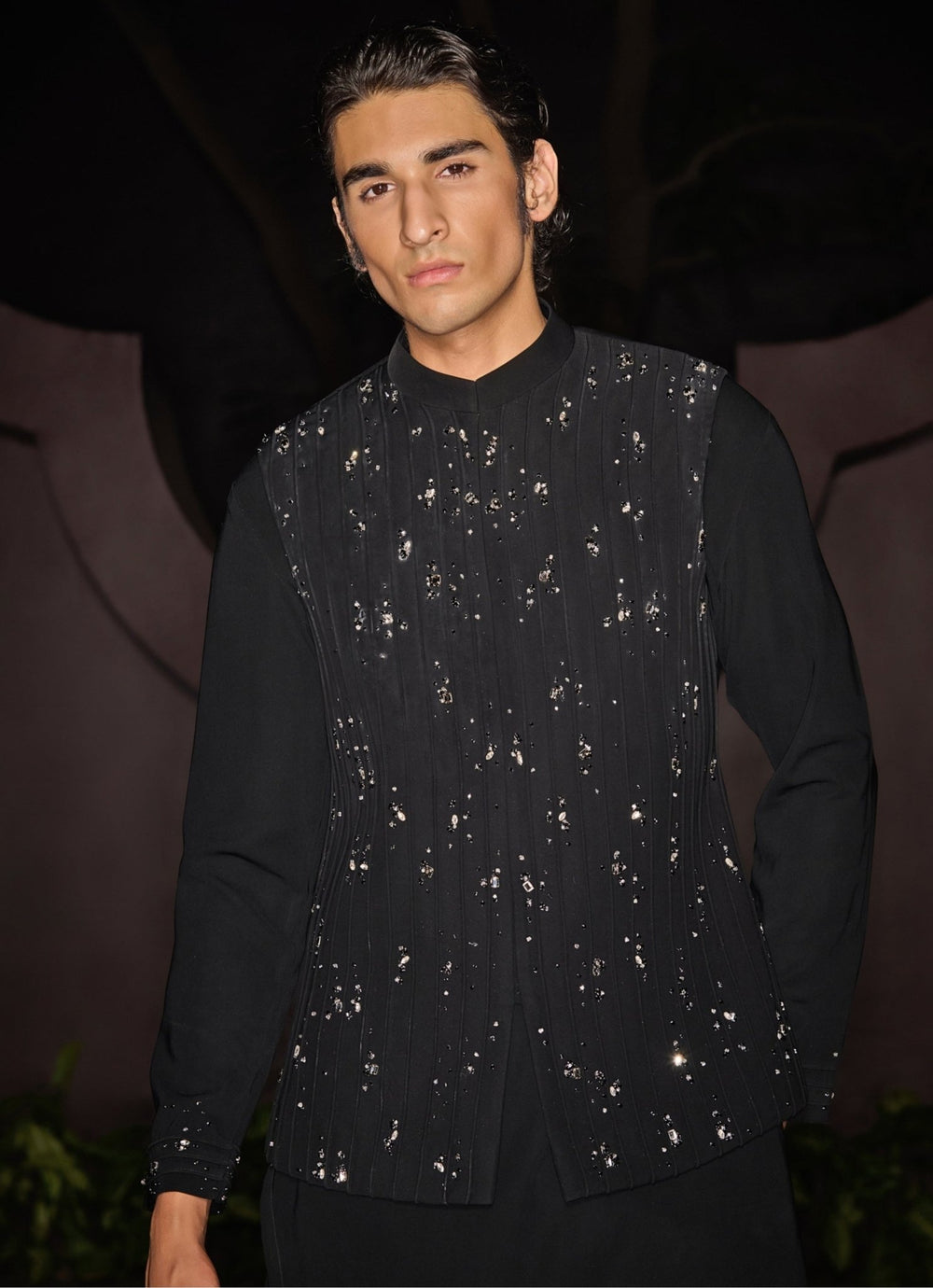 Black Embroidered Nehru Jacket Set With Crystal & Stonework Contrast By Parth - Fabilicious Fashion