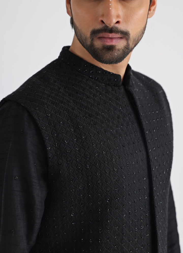 Black Embroidered Nehru Jacket With Kurta Set Smriti - Fabilicious Fashion