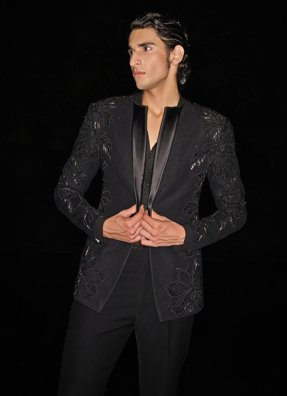 Black Embroidered Open Long Jacket Set Contrast By Parth - Fabilicious Fashion