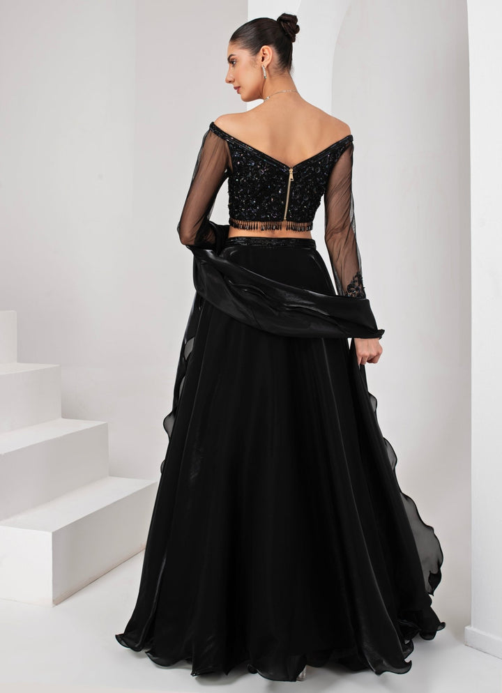 Black Embroidered Organza Lehenga Set Akara - Fabilicious Fashion