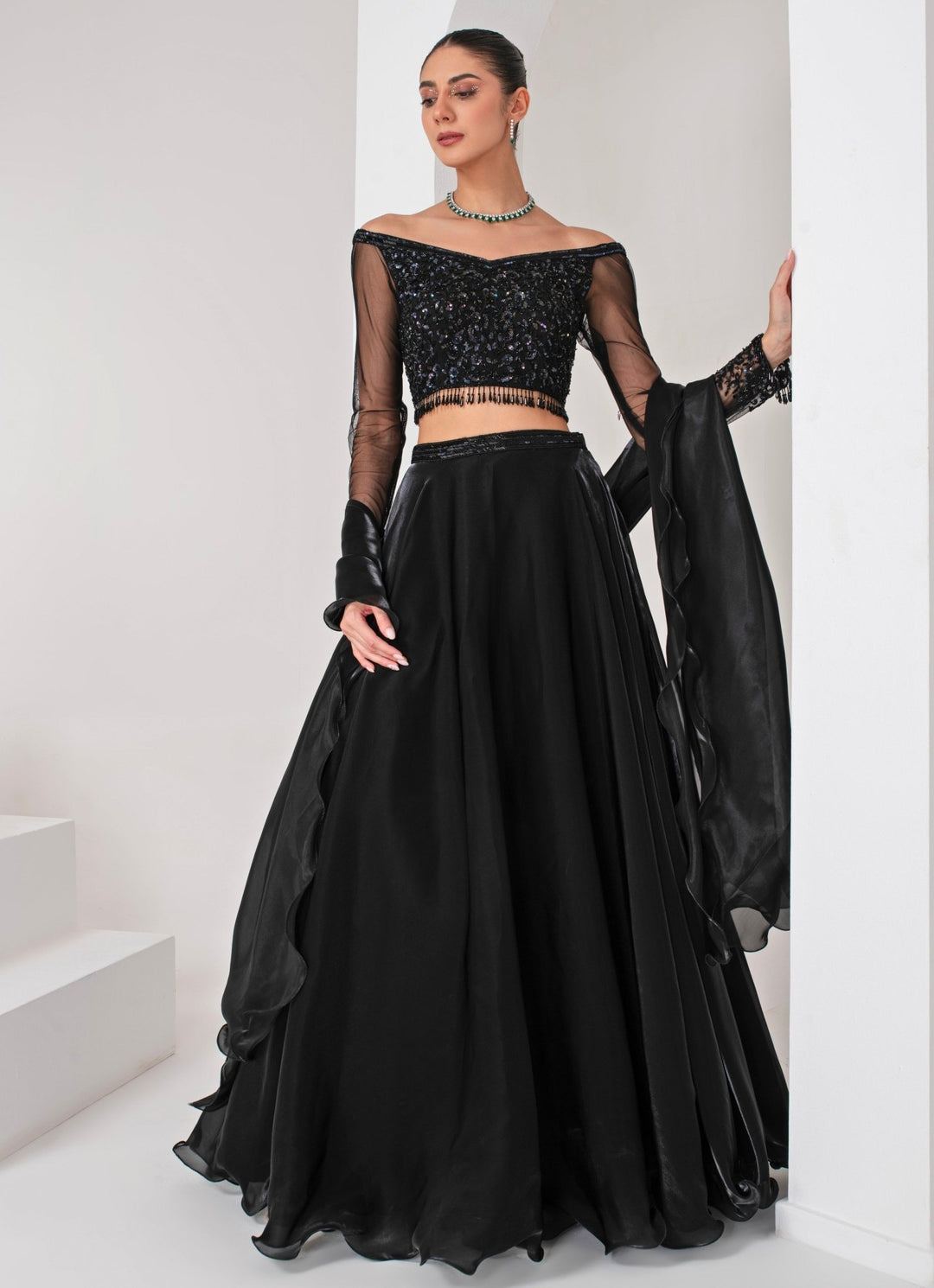 Black Embroidered Organza Lehenga Set Akara - Fabilicious Fashion