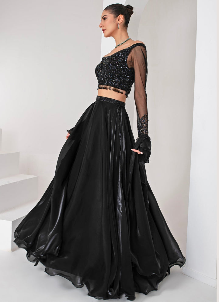 Black Embroidered Organza Lehenga Set Akara - Fabilicious Fashion