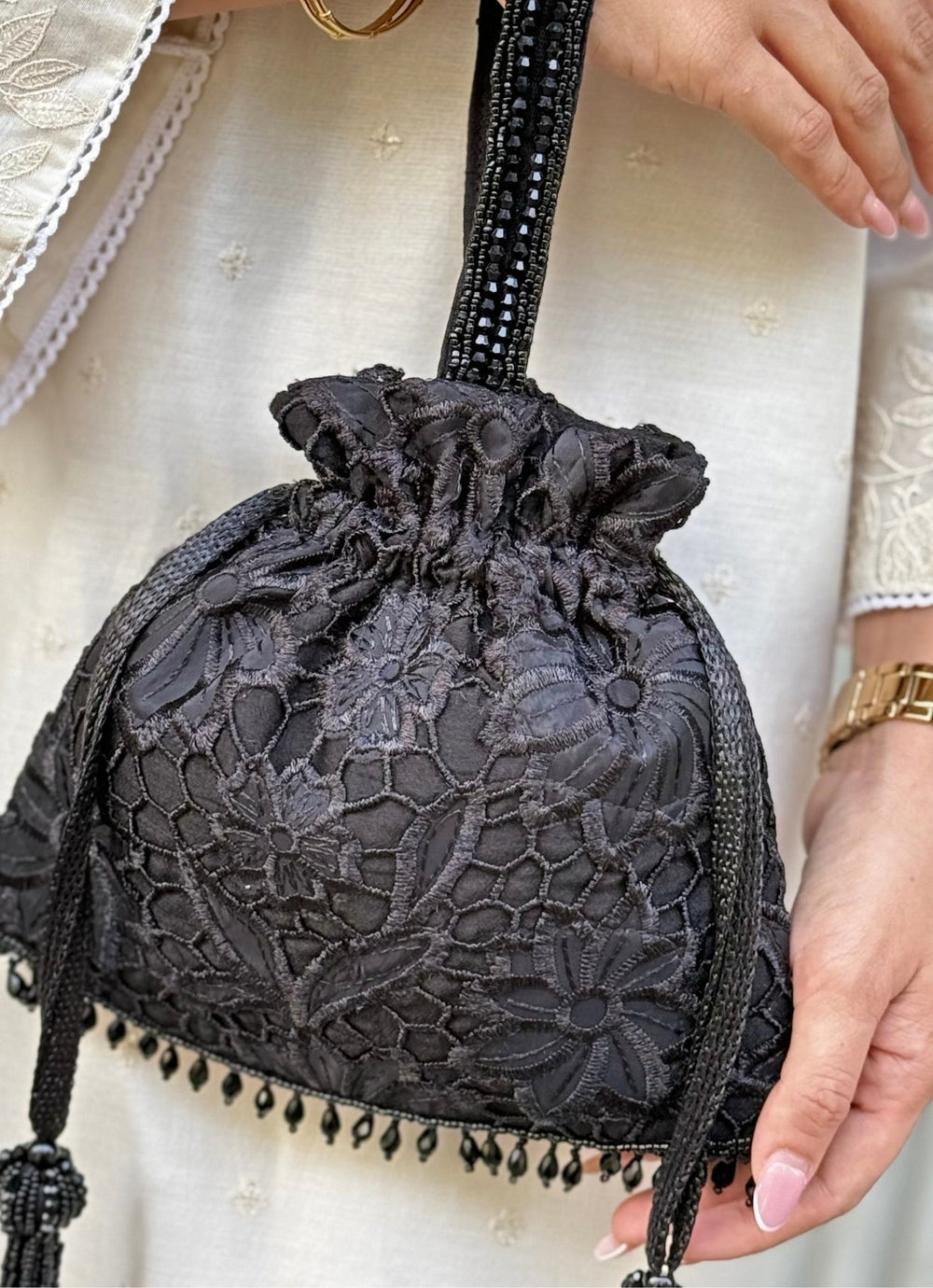 Amyra Black Embroidered Organza PotliFabilicious Fashion