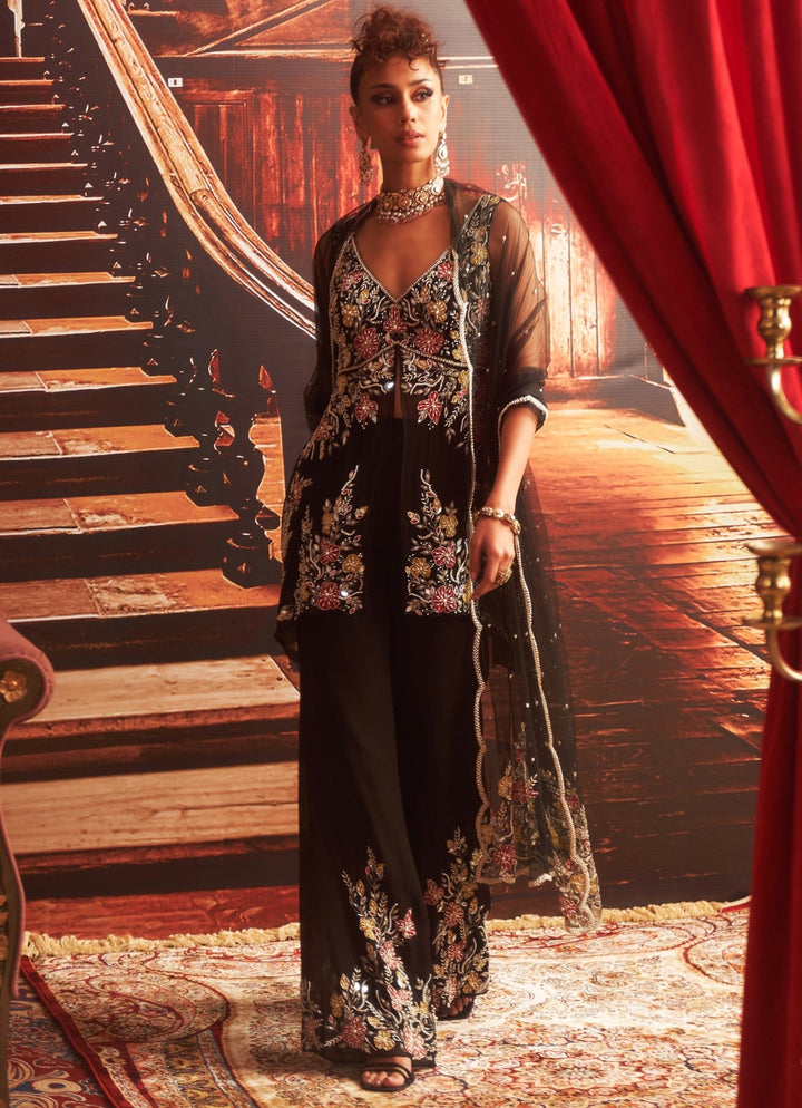 Black Embroidered Peplum Top And Pants Seema Thukral - Fabilicious Fashion