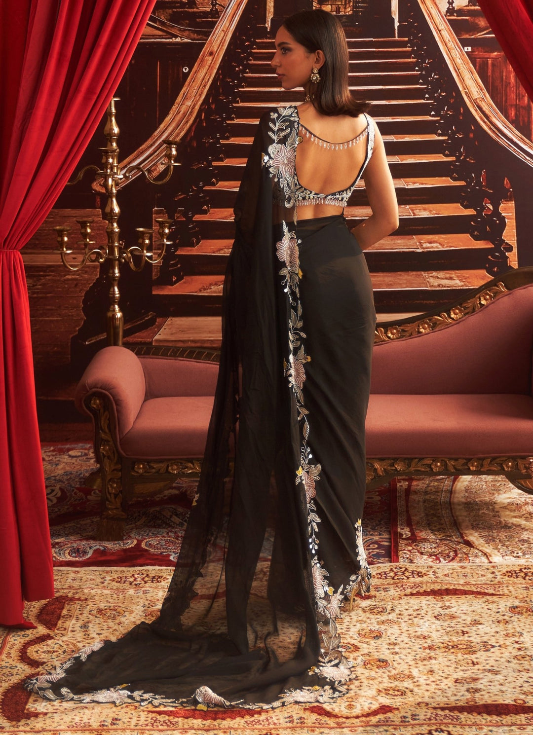 Black Embroidered Pre Draped Saree Seema Thukral - Fabilicious Fashion