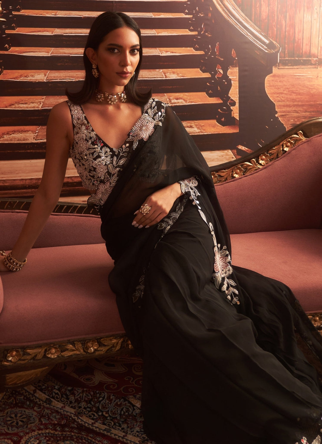 Black Embroidered Pre Draped Saree Seema Thukral - Fabilicious Fashion