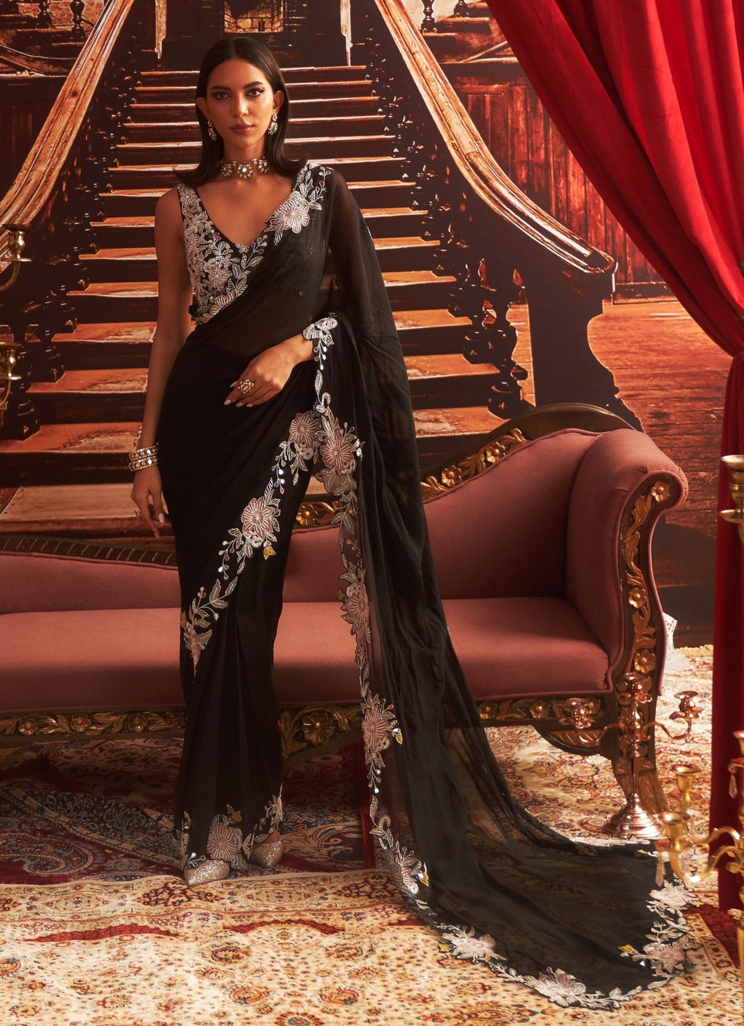 Black Embroidered Pre Draped Saree Seema Thukral - Fabilicious Fashion
