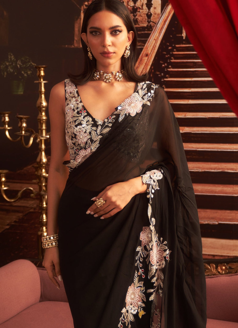 Black Embroidered Pre Draped Saree Seema Thukral - Fabilicious Fashion
