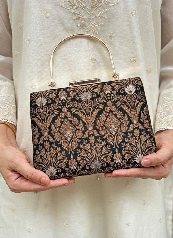 Black Embroidered Pure Silk Clutch