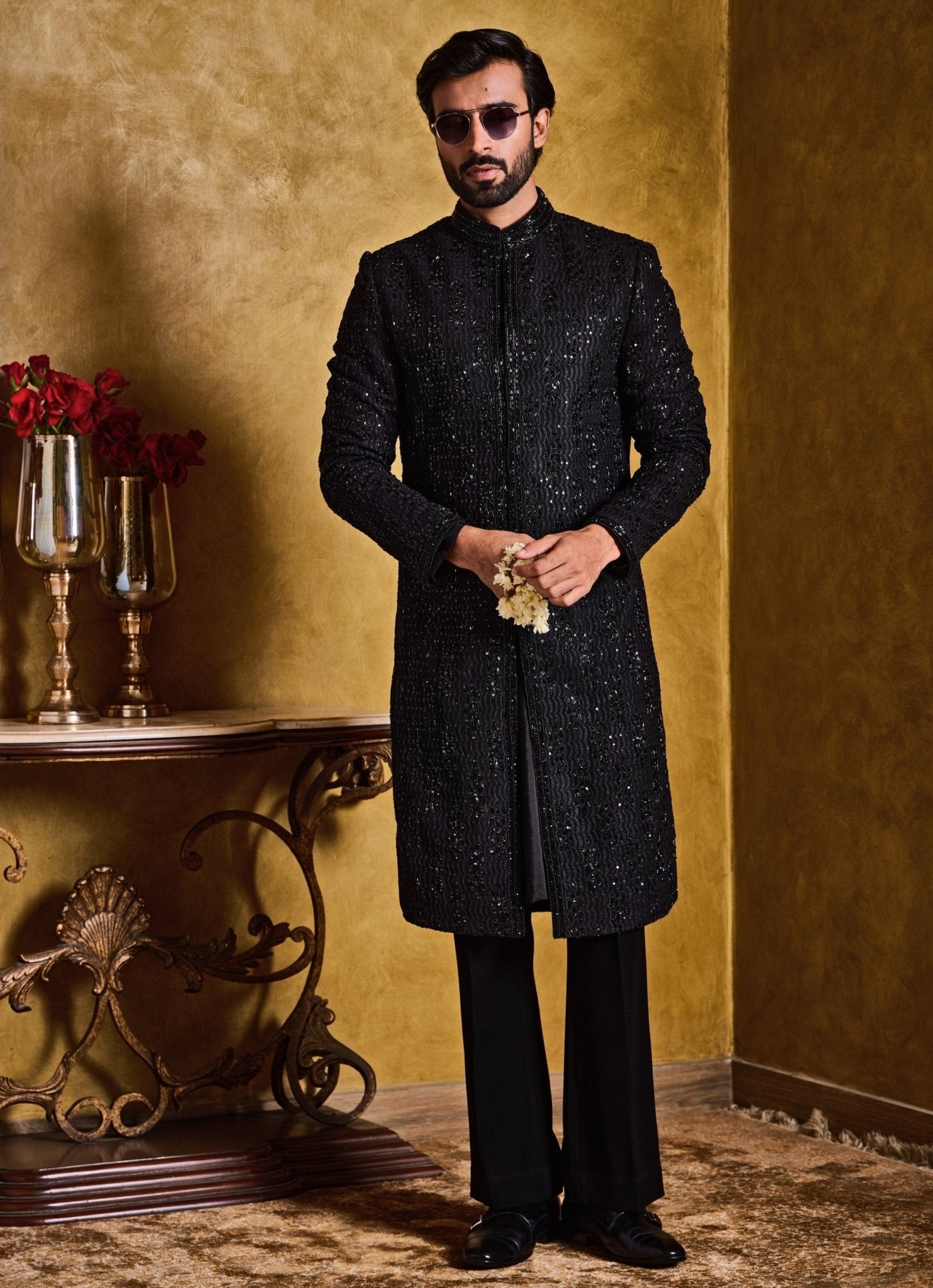 Black embroidered sherwani for reception or evening wedding