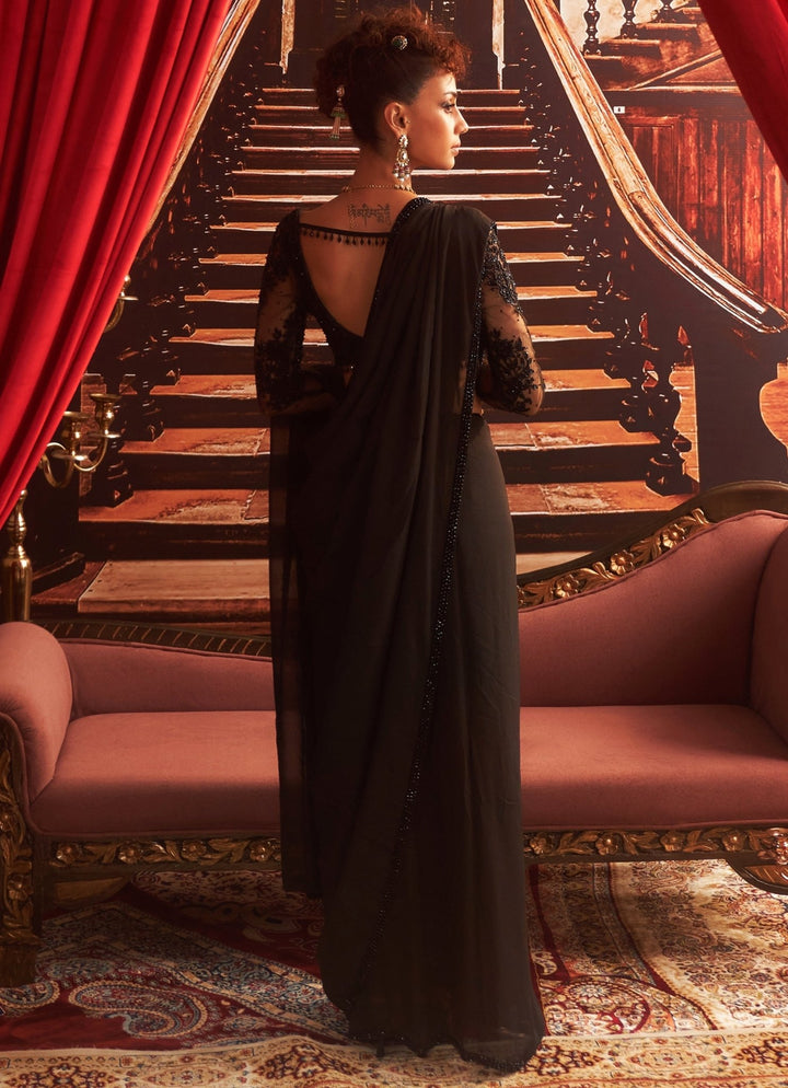 Black Embroidered Saree With Full Sheer Sleeves Blouse Seema Thukral - Fabilicious Fashion