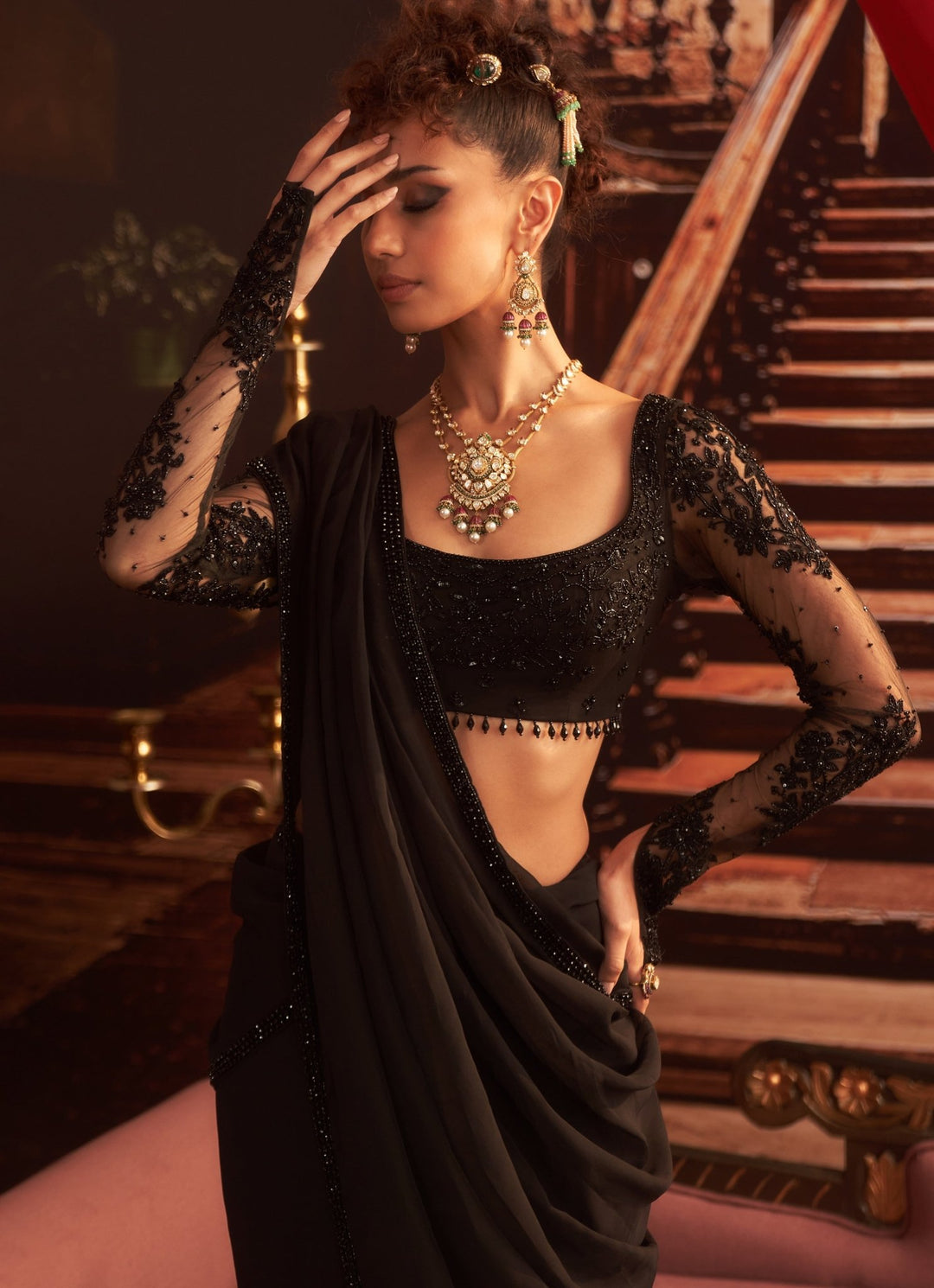 Black Embroidered Saree With Full Sheer Sleeves Blouse Seema Thukral - Fabilicious Fashion