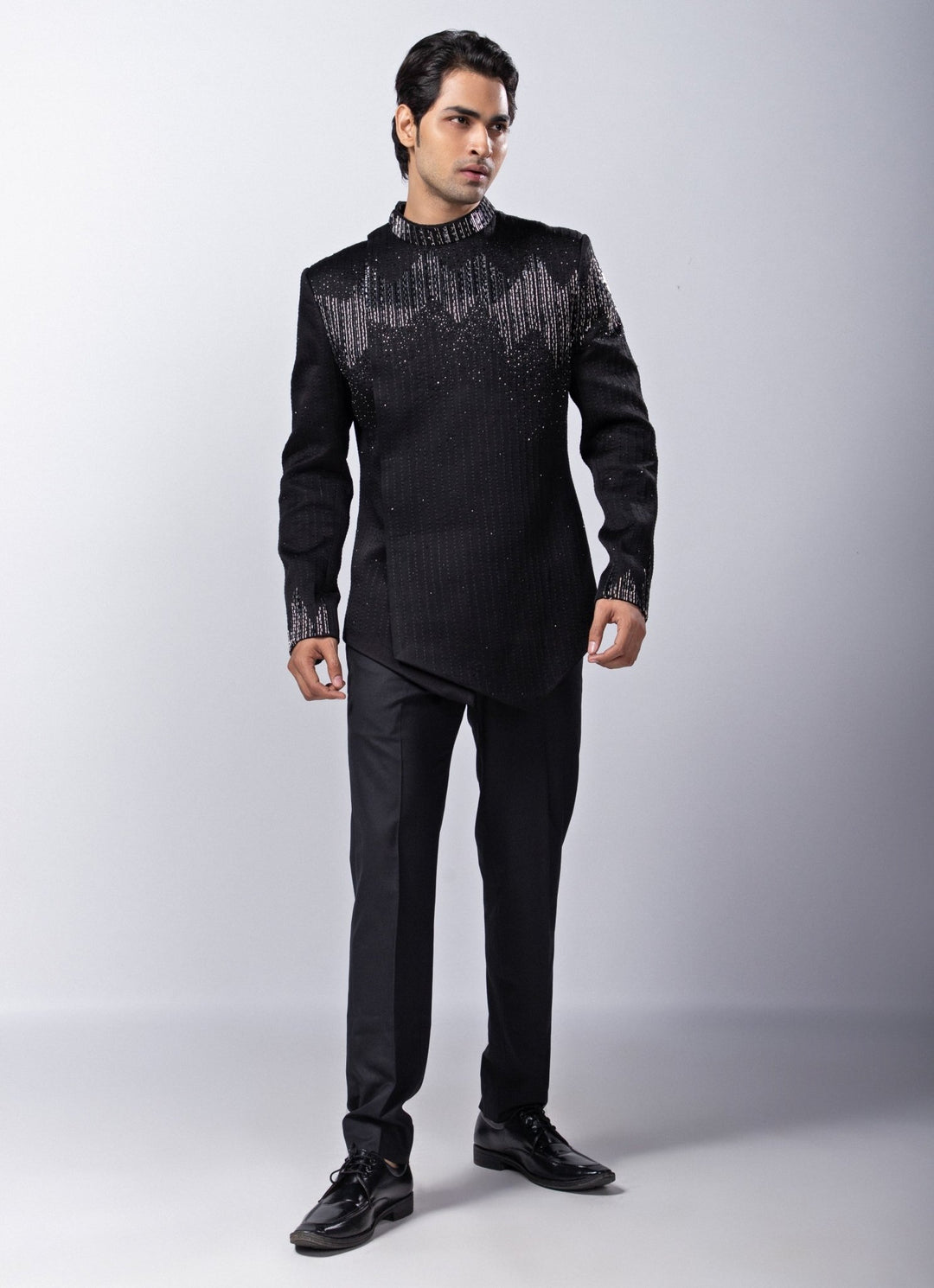 Black Embroidered Satin Bandhgala Pant Set Smriti - Fabilicious Fashion