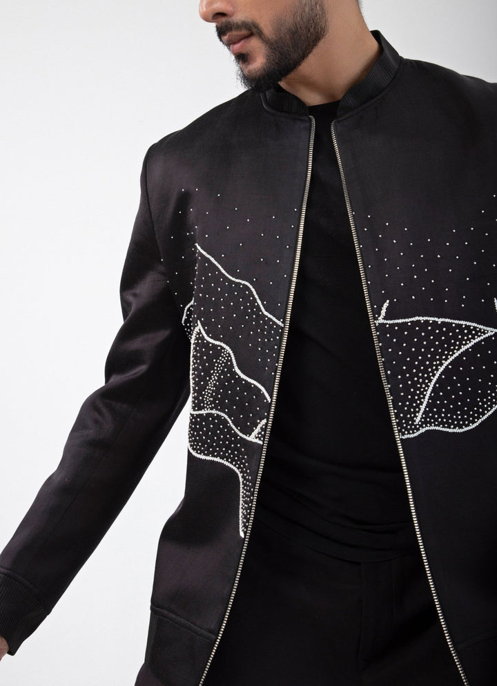 Black Embroidered Satin Bomber Jacket Smriti - Fabilicious Fashion
