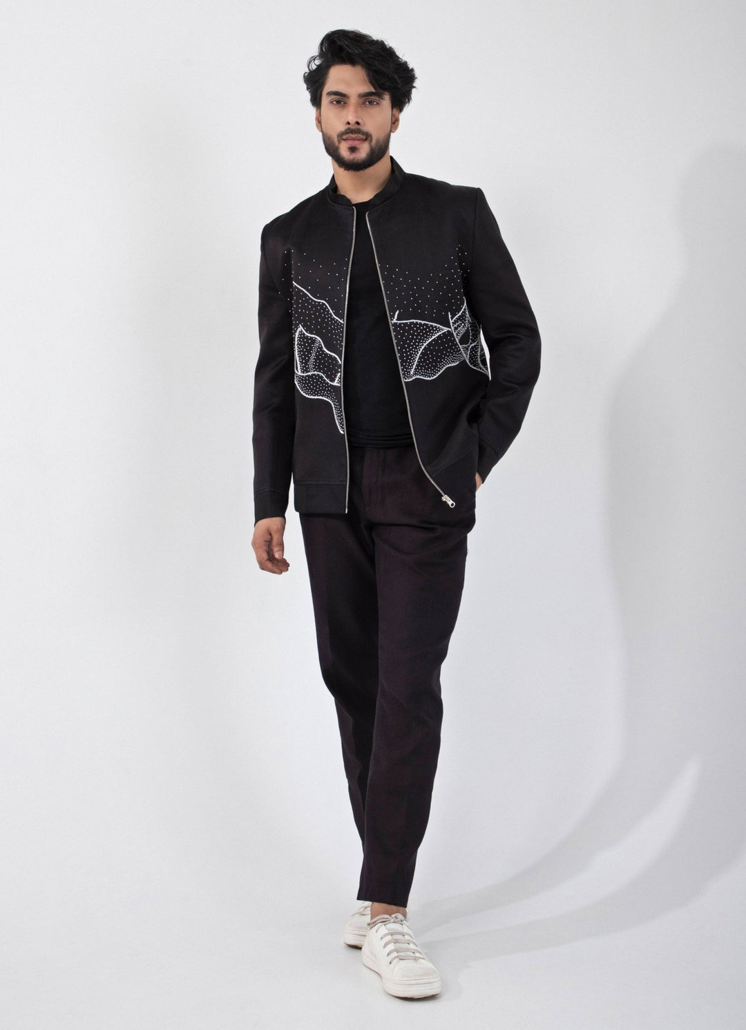 Black Embroidered Satin Bomber Jacket Smriti - Fabilicious Fashion