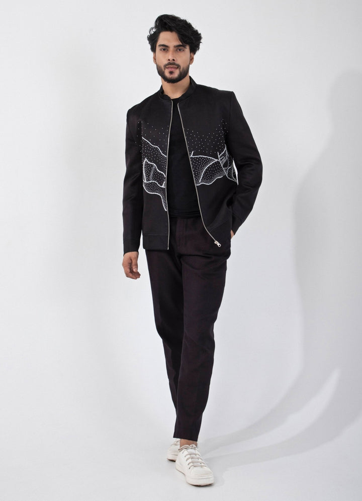 Black Embroidered Satin Bomber Jacket Smriti - Fabilicious Fashion