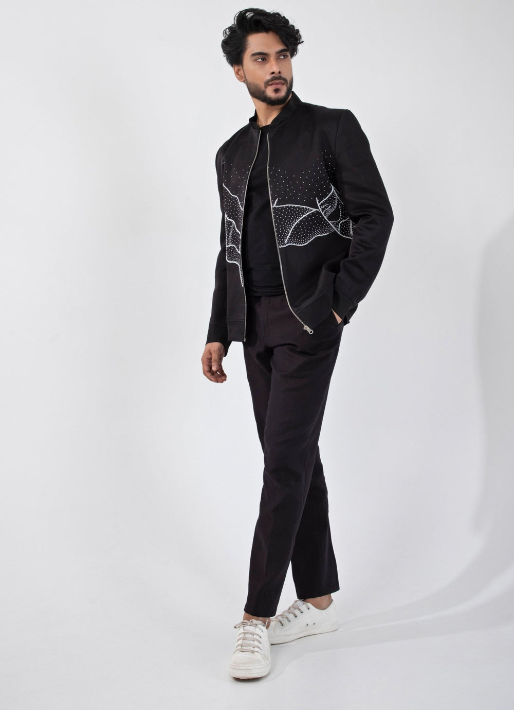 Black Embroidered Satin Bomber Jacket Smriti - Fabilicious Fashion