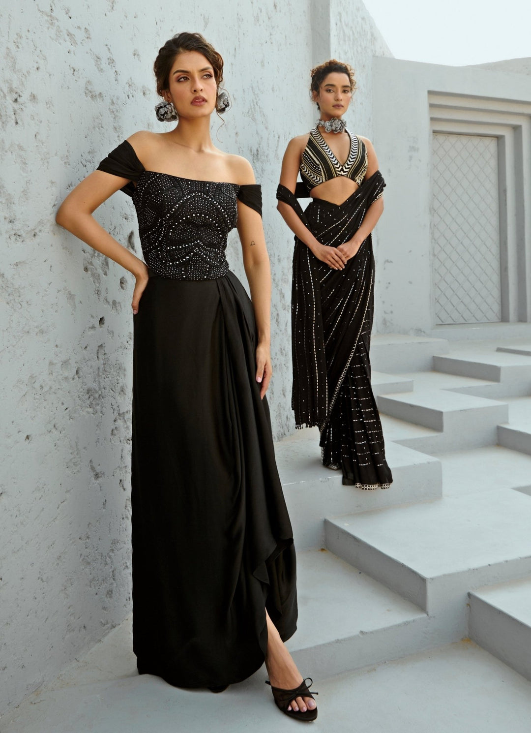 Black Embroidered Satin Drape Skirt With Off Shoulder Corset Chamee and Palak - Fabilicious Fashion