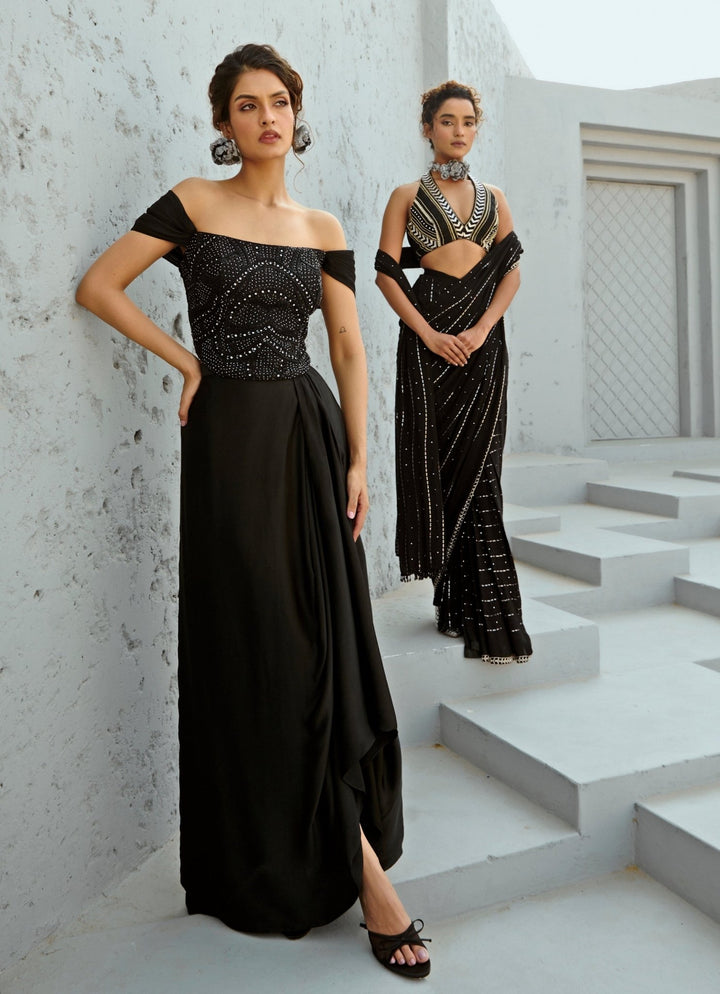 Black Embroidered Satin Drape Skirt With Off Shoulder Corset Chamee and Palak - Fabilicious Fashion