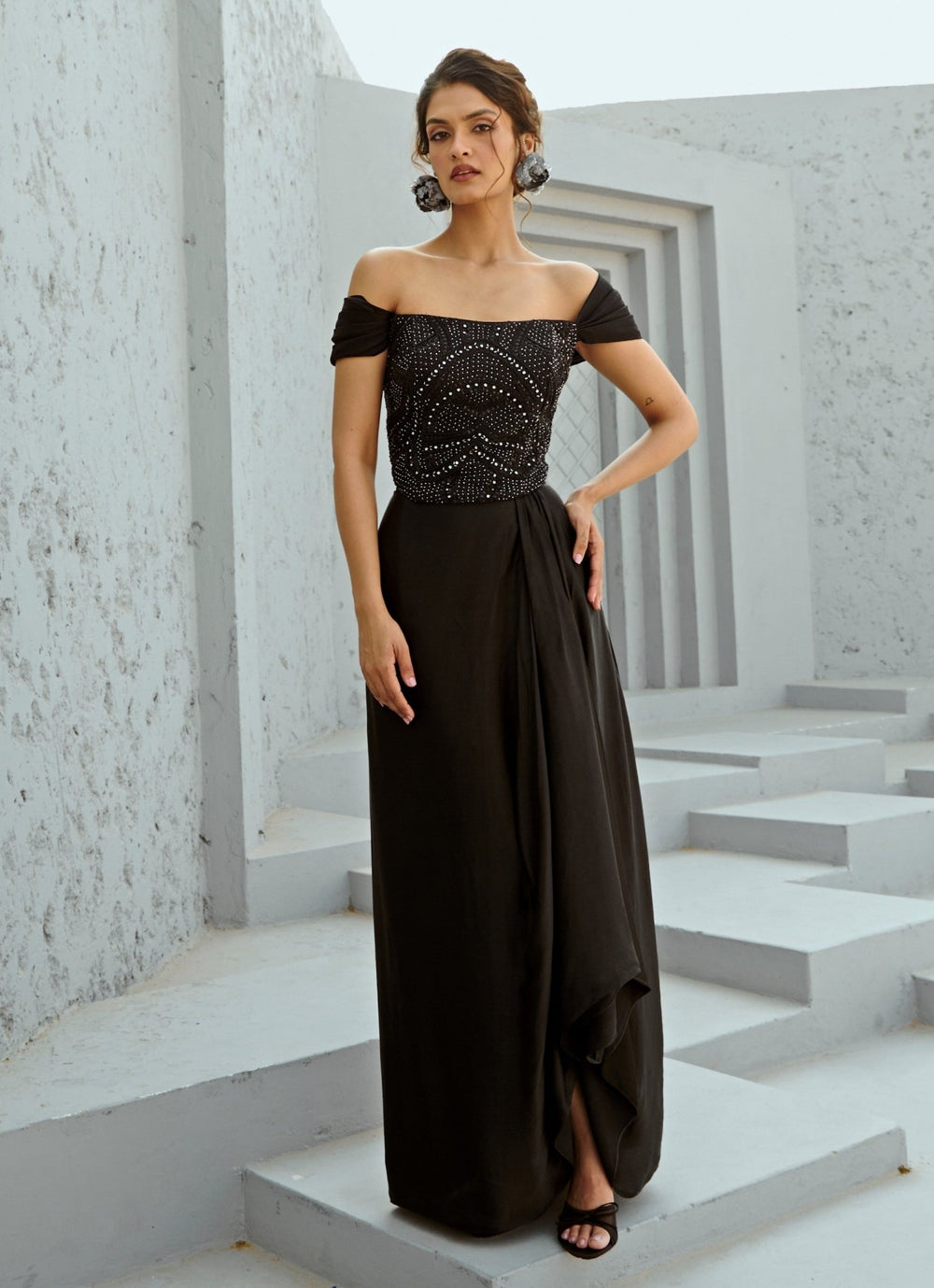 Black Embroidered Satin Drape Skirt With Off Shoulder Corset Chamee and Palak - Fabilicious Fashion
