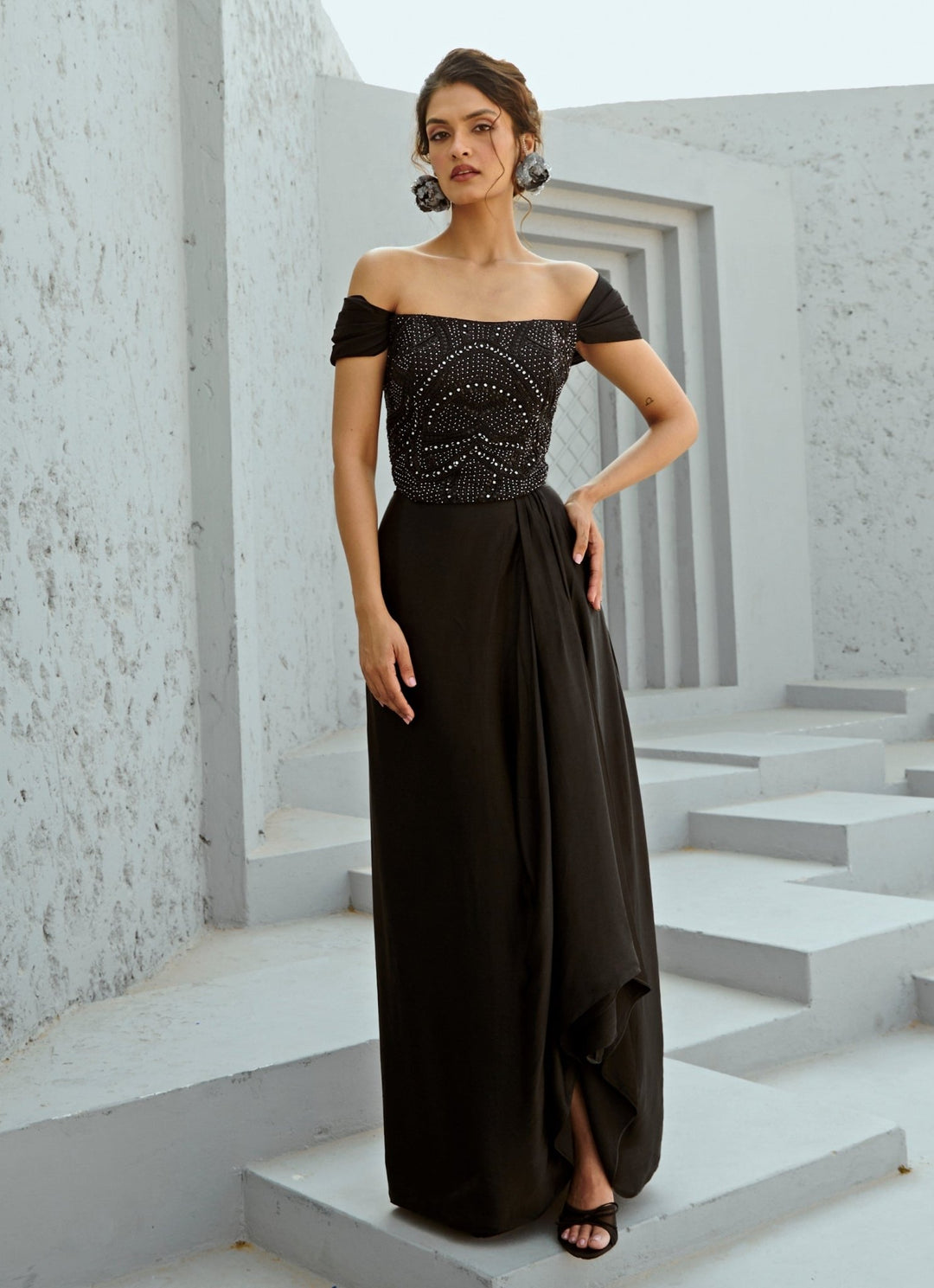 Black Embroidered Satin Drape Skirt With Off Shoulder Corset Chamee and Palak - Fabilicious Fashion