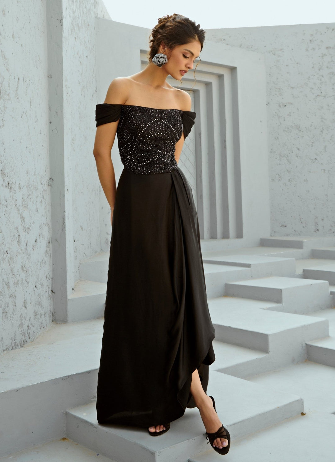 Black Embroidered Satin Drape Skirt With Off Shoulder Corset Chamee and Palak - Fabilicious Fashion