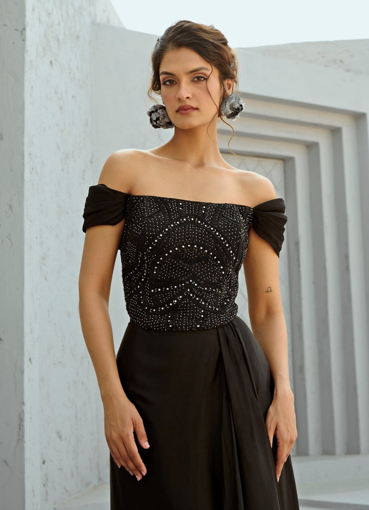 Black Embroidered Satin Drape Skirt With Off Shoulder Corset Chamee and Palak - Fabilicious Fashion