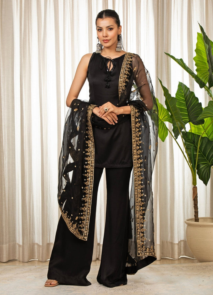 Black Embroidered Satin Kurta Pant Set Esha Koul - Fabilicious Fashion