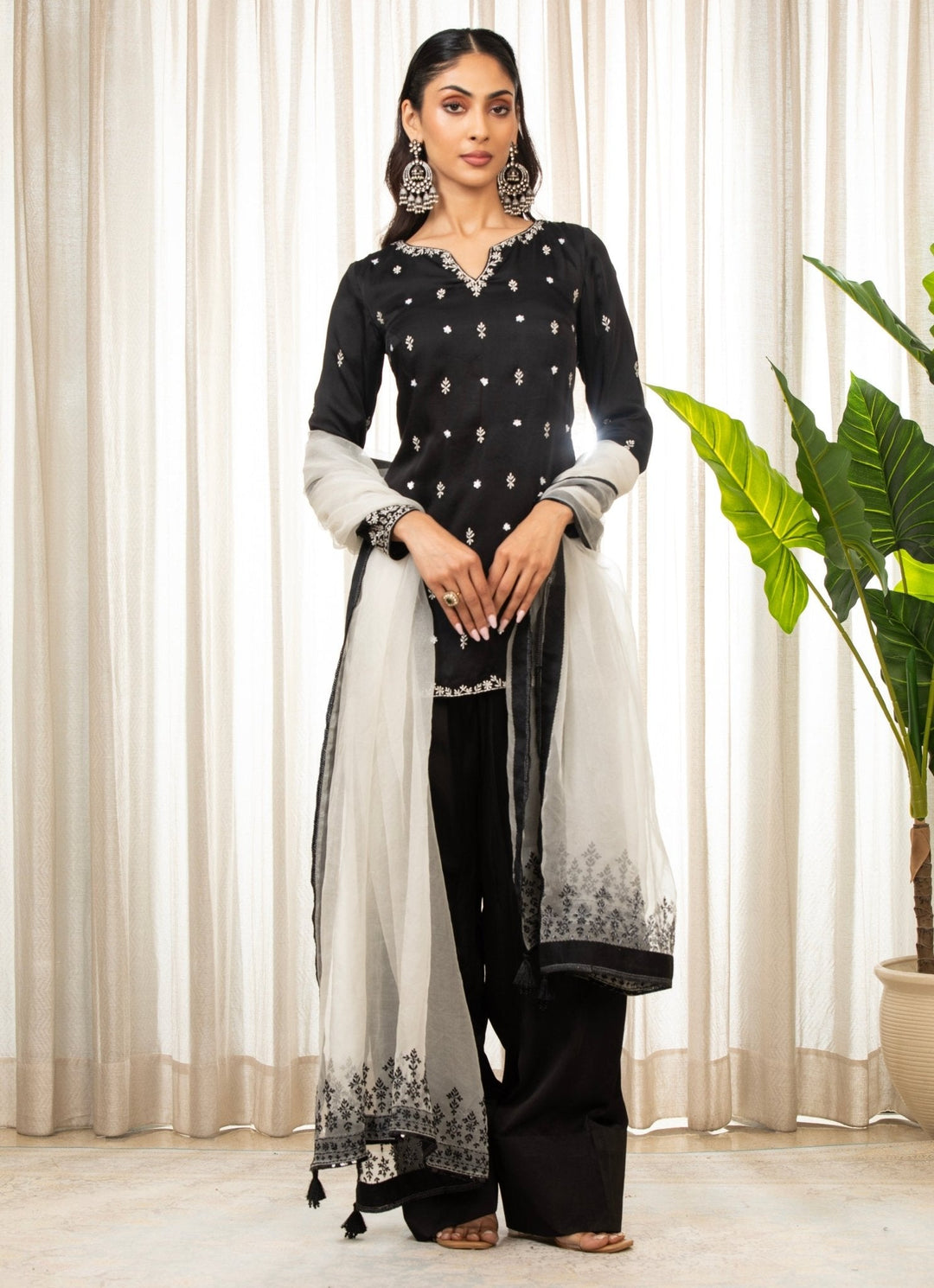 Black Embroidered Satin Kurta Salwar Set Esha Koul - Fabilicious Fashion