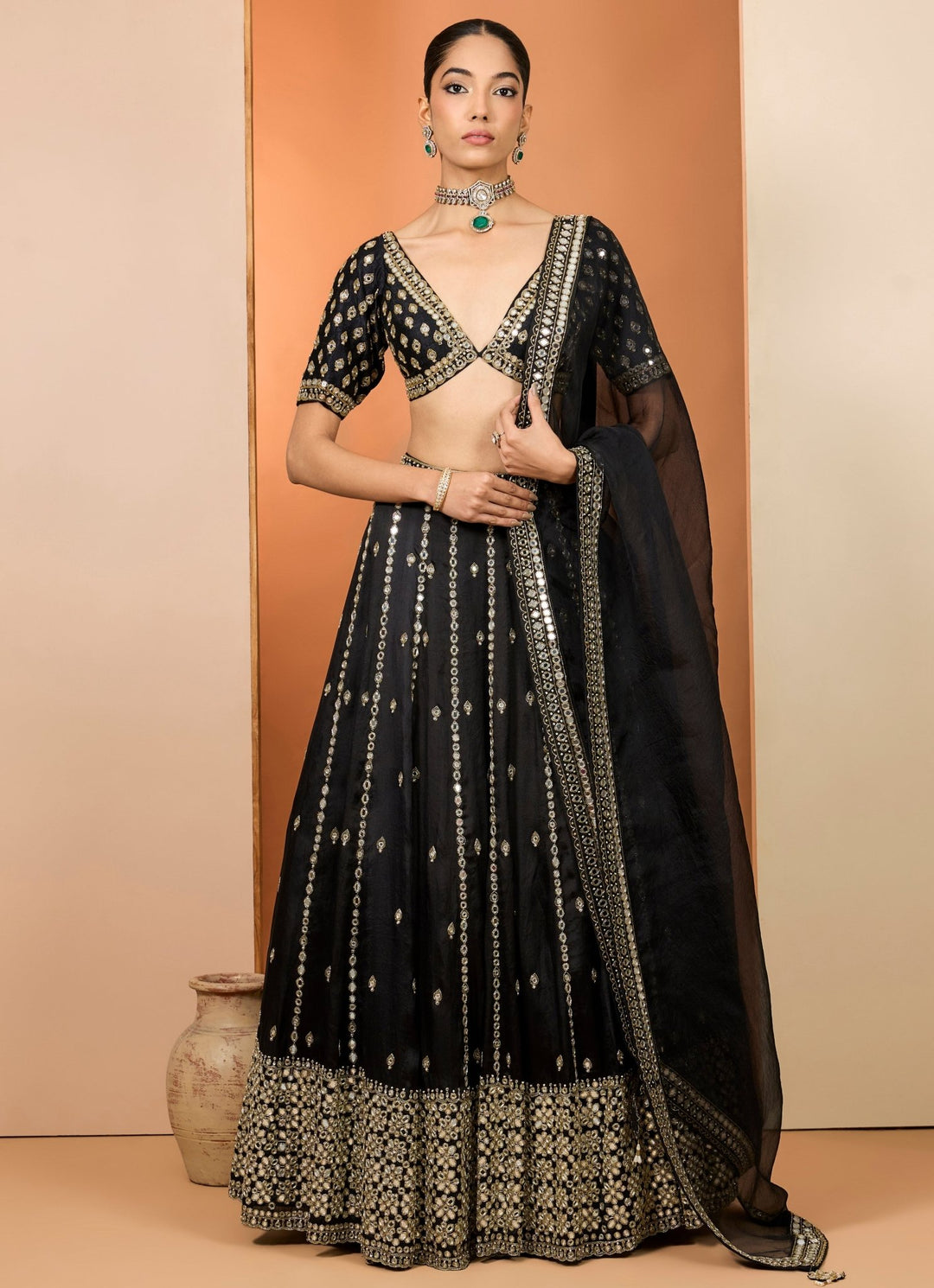 Black Embroidered Satin Organza Lehenga Set Neha Khullar - Fabilicious Fashion