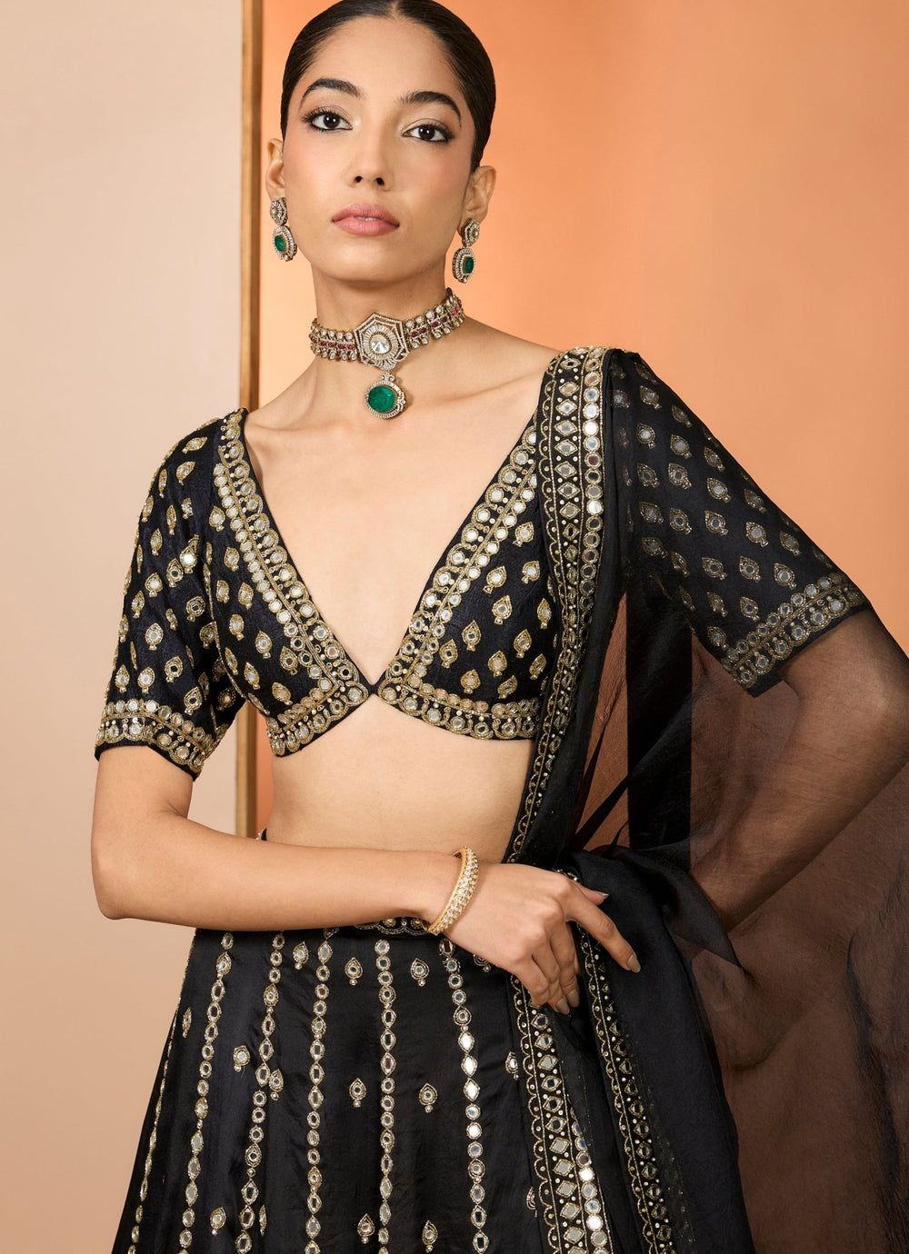 Black Embroidered Satin Organza Lehenga Set Neha Khullar - Fabilicious Fashion