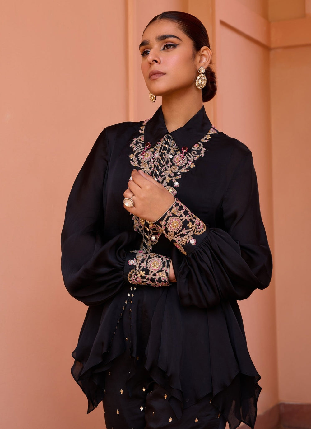 Black Embroidered Satin Organza Top Pants Set Isha Gupta Tayal - Fabilicious Fashion