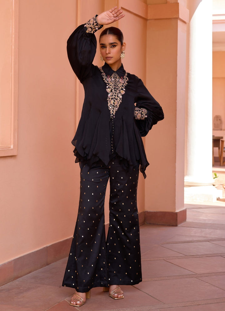 Black Embroidered Satin Organza Top Pants Set Isha Gupta Tayal - Fabilicious Fashion