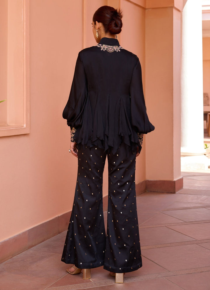 Black Embroidered Satin Organza Top Pants Set Isha Gupta Tayal - Fabilicious Fashion