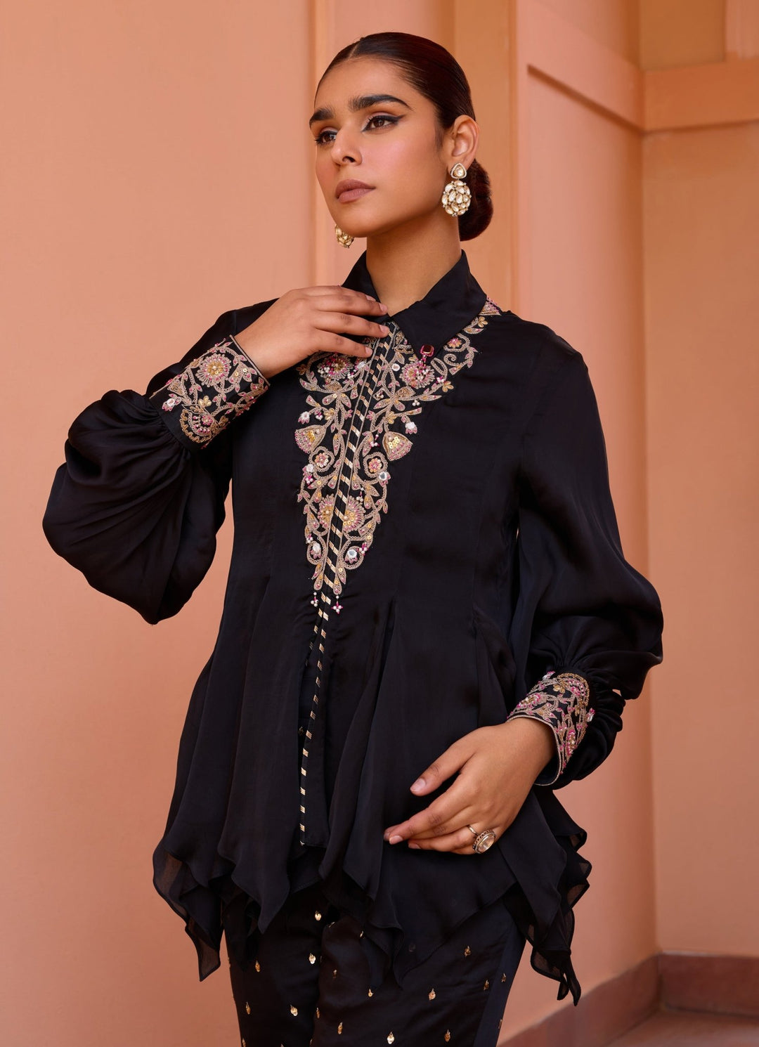 Black Embroidered Satin Organza Top Isha Gupta Tayal - Fabilicious Fashion