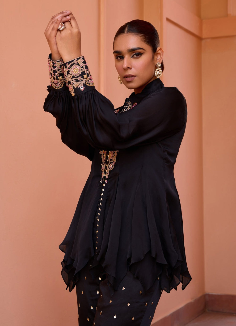 Black Embroidered Satin Organza Top Isha Gupta Tayal - Fabilicious Fashion