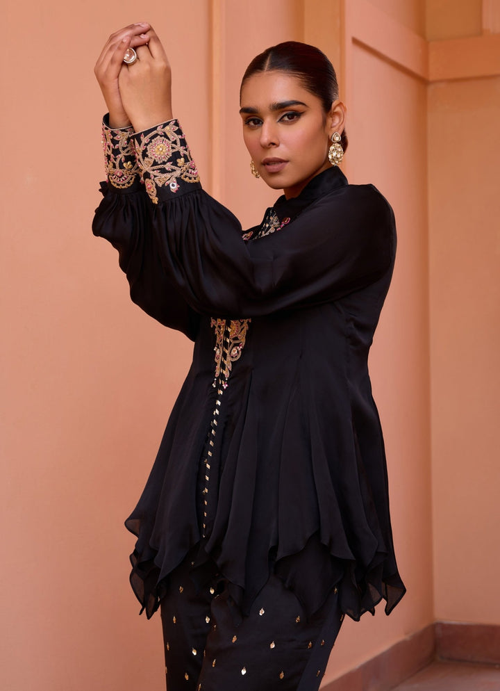 Black Embroidered Satin Organza Top Isha Gupta Tayal - Fabilicious Fashion