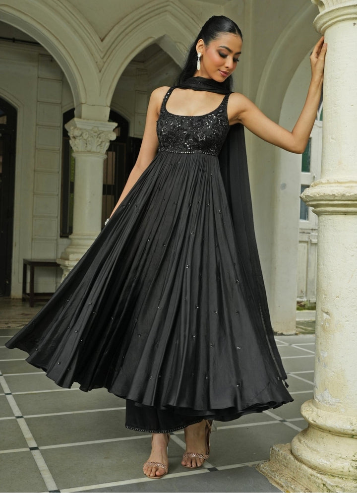 Black Embroidered Silk Anarkali Set Enamour by Radha - Fabilicious Fashion