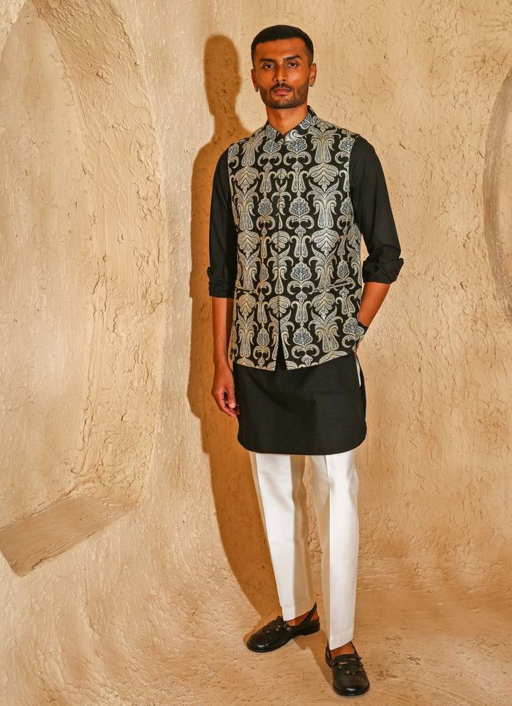 Black Embroidered Silk Blend Kurta Jacket Set Chatenya Mittal - Fabilicious Fashion