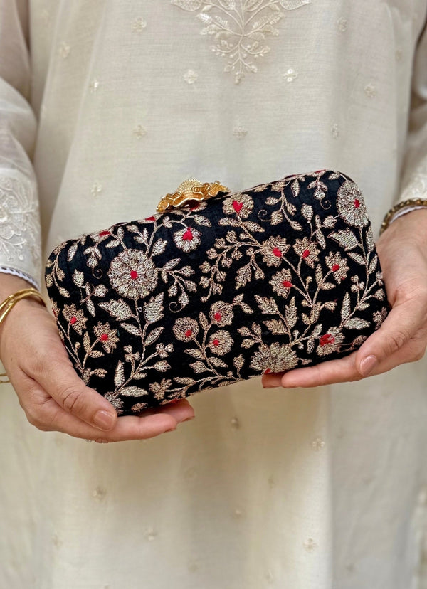 Black Embroidered Silk Clutch