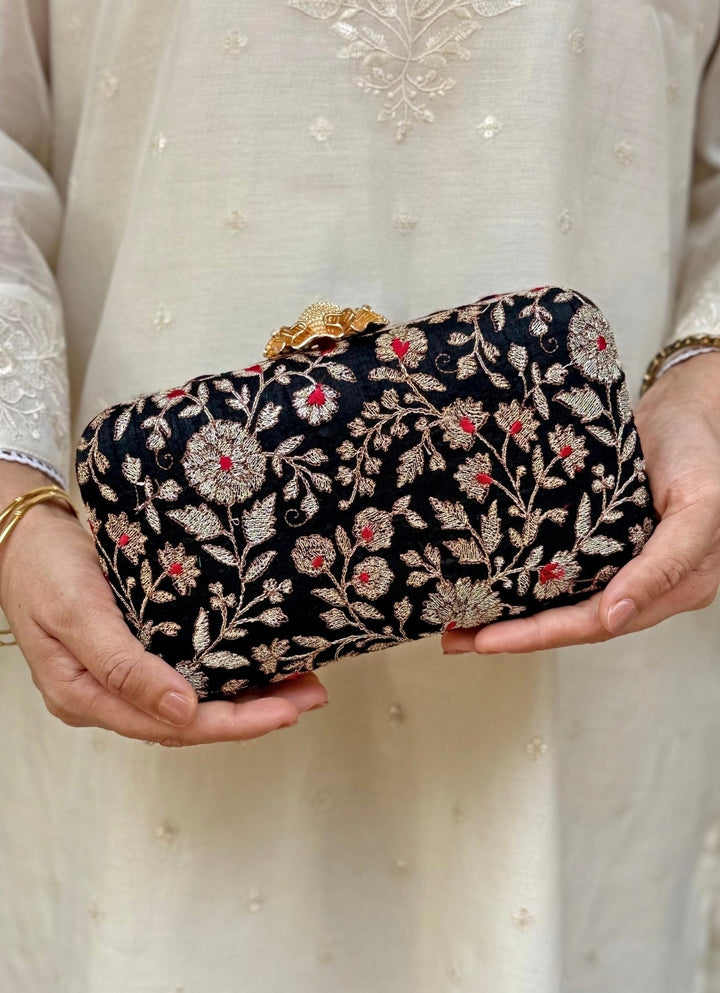 Amyra Black Embroidered Silk ClutchFabilicious Fashion