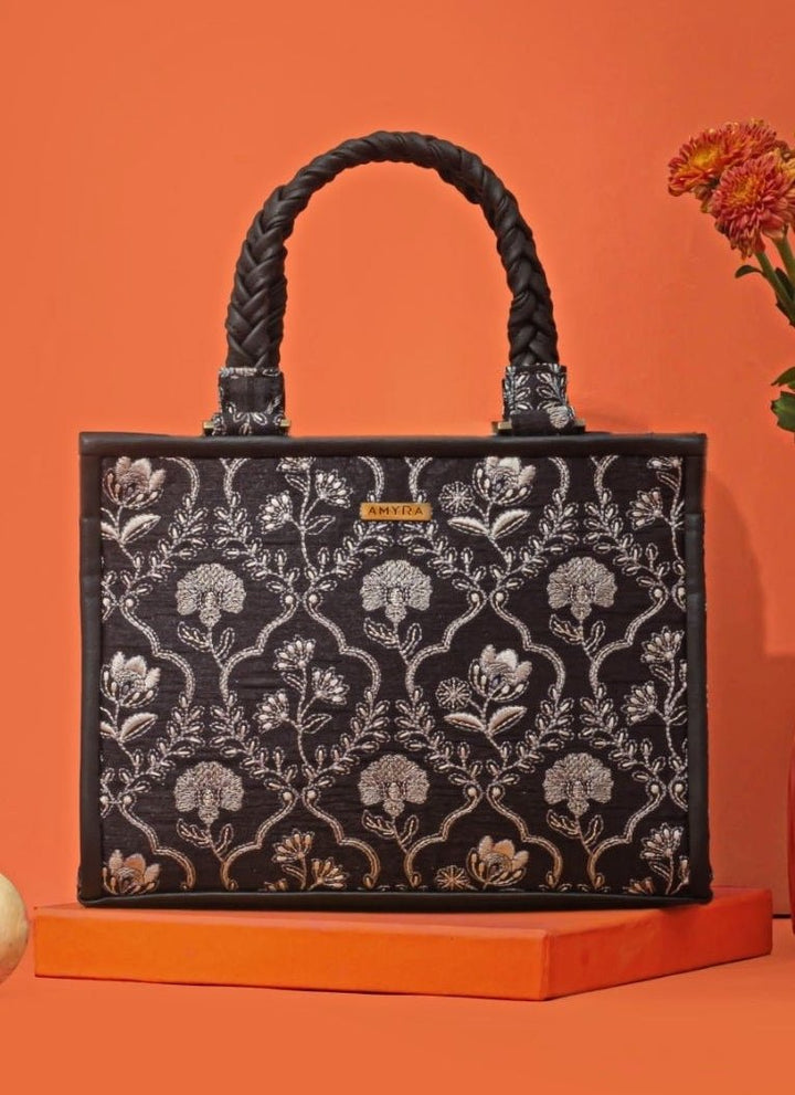 Amyra Black Embroidered Silk HandbagFabilicious Fashion